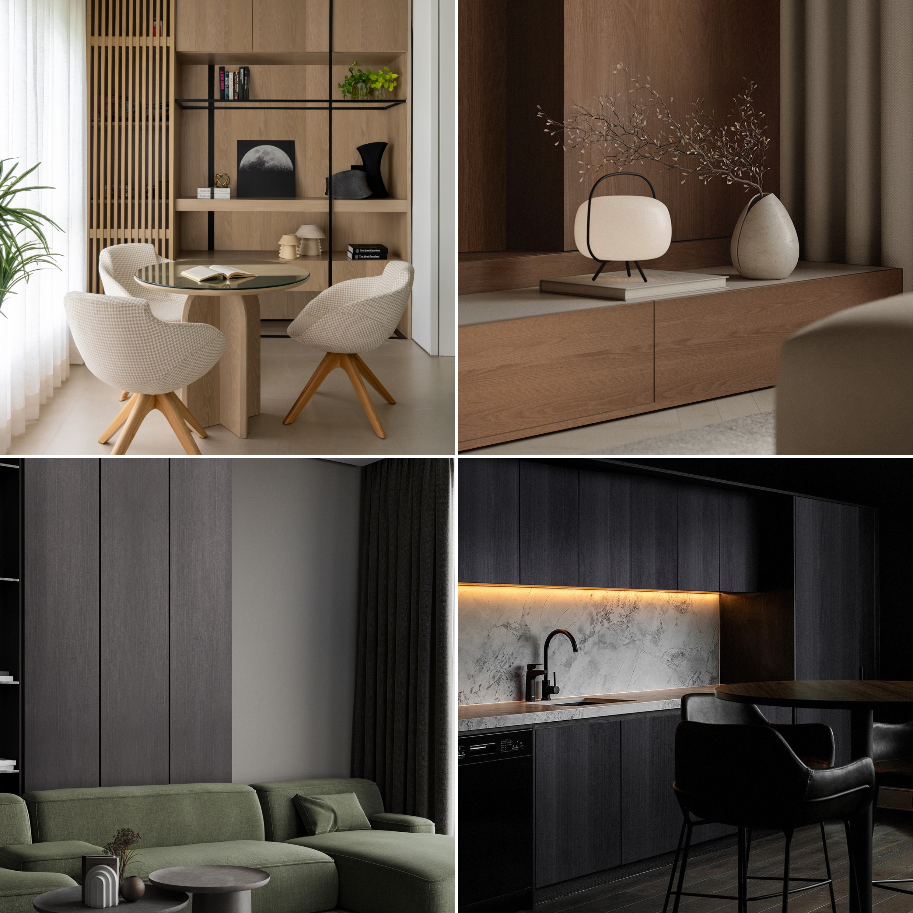 Κολάζ που παρουσιάζει τα χρώματα XYLOKAT Tabu® Natural, Brown, Grey και Black, σε Λουστραρισμένα Πάνελ με Special Veneers σε βιβλιοθήκες, μπουφέ, επένδυση τοίχου και σκούρα ντουλάπια κουζίνας.