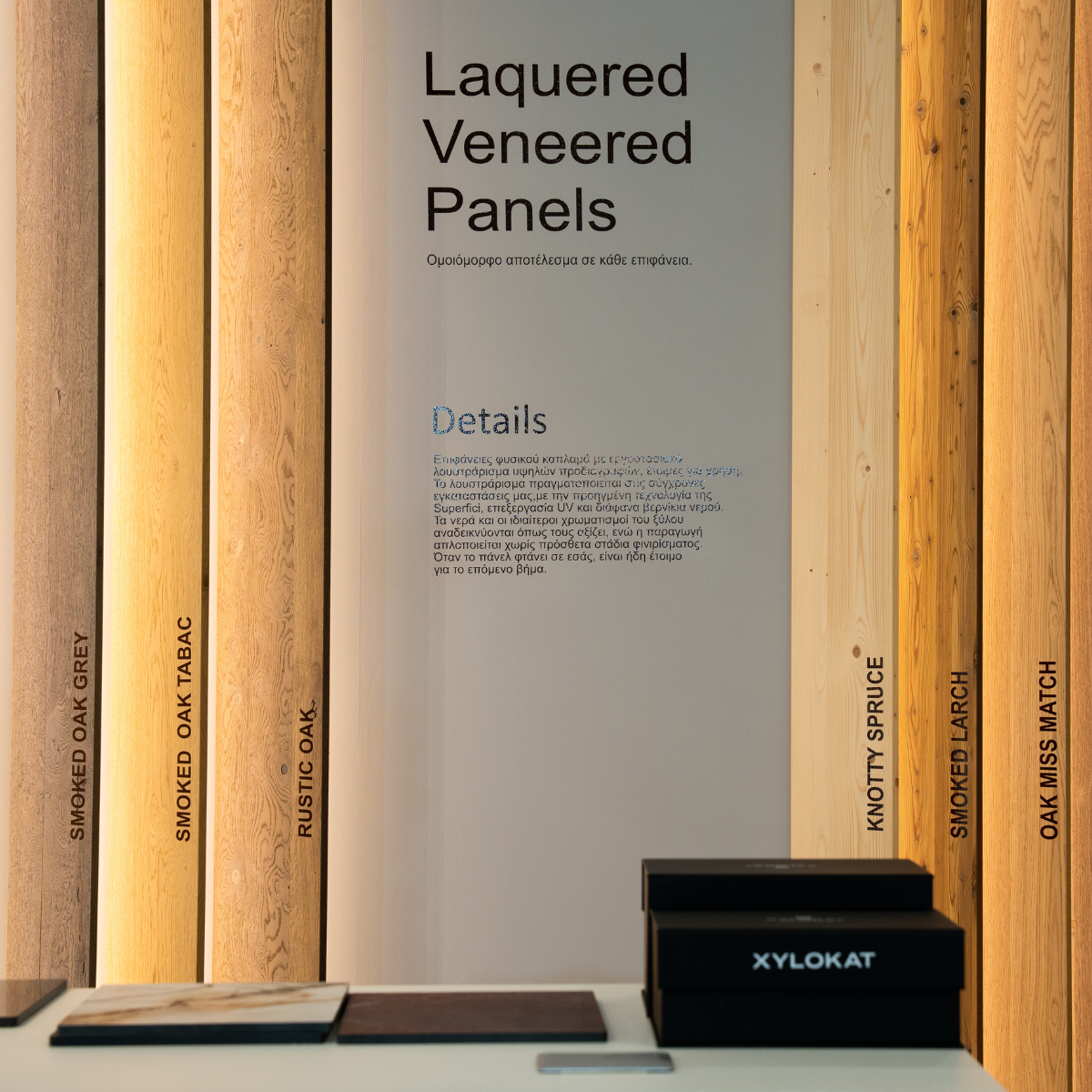 Άποψη από τον χώρο παρουσίασης των Λουστραρισμένων Πάνελ στο περίπτερο της XYLOKAT, με κατακόρυφα δείγματα επιφανειών και κουτιά δειγμάτων στο προσκήνιο.